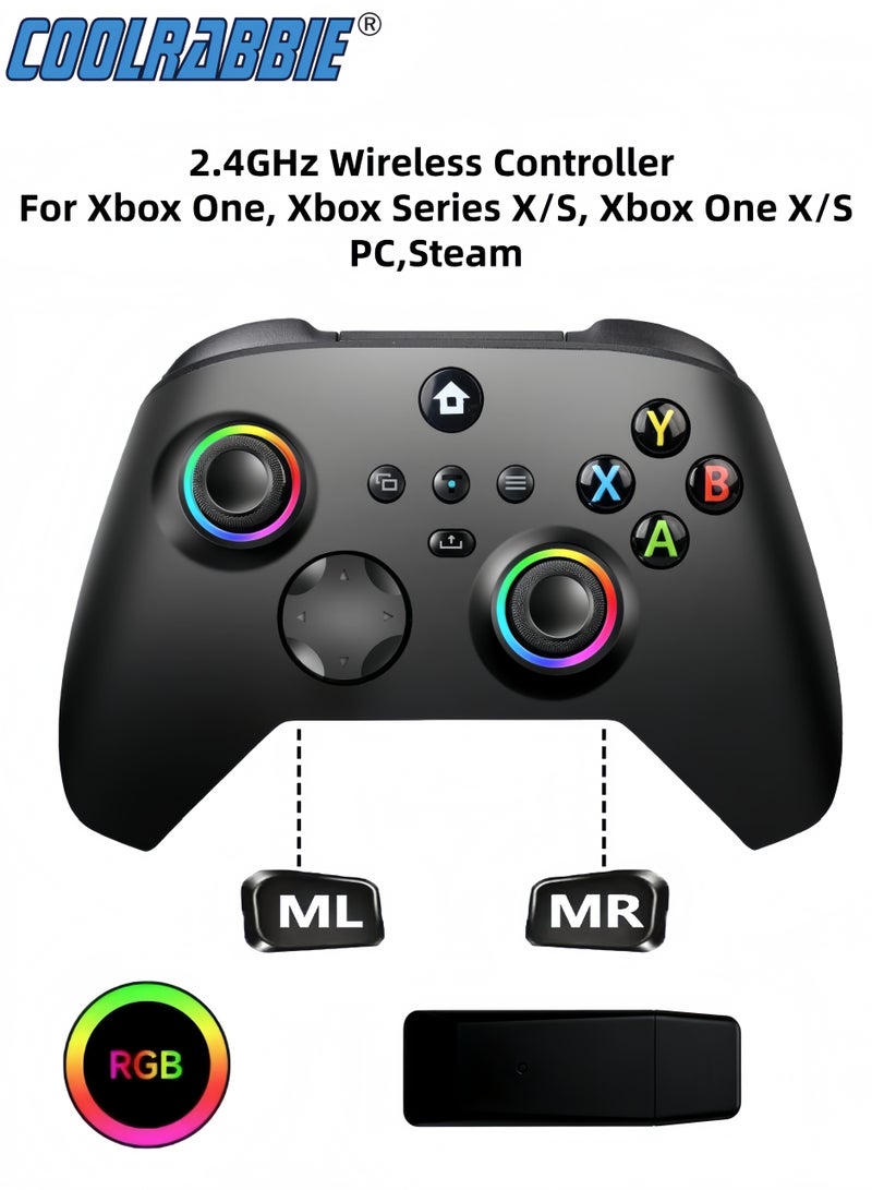 CoolRabbie RGB Wireless Game Controller For Xbox One, Xbox Series X/S, Xbox One X/S, PC, With 800mAh Battery, Programmable, Turbo Function, 4 Lighting Modes, With 2.4GHZ Wireless Adapter Gamepad With Hall Effect Joysticks , Black - Image 1